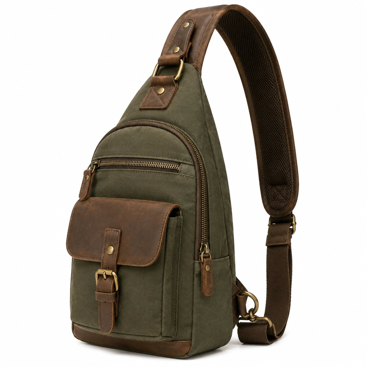 Borsa a tracolla 18 x 8 x 30 cm in tessuto verde e inserti marroni con tasche zip
