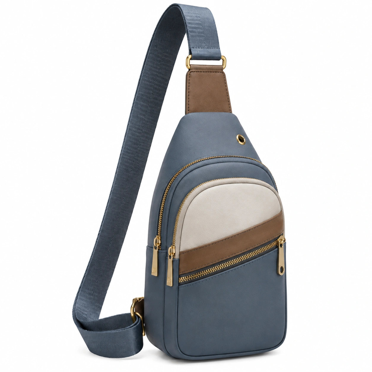 Borsa a tracolla 18 x 9 x 32 cm in similpelle blu grigio e marrone con tasche zip