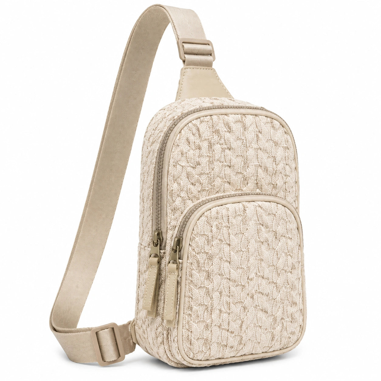 Borsa a tracolla 17 x 8 x 30 cm in tessuto beige con motivo intrecciato e cerniere