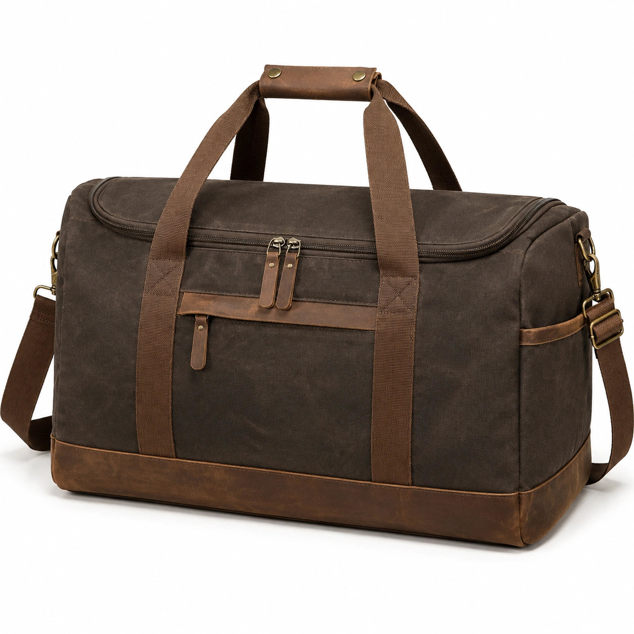 Borsone da viaggio 50 cm in tela marrone scuro con tracolla e tasche con zip