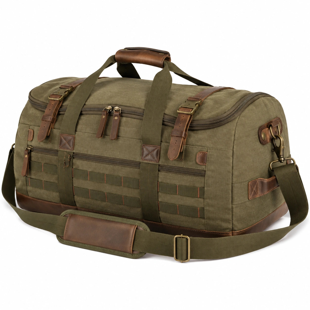 Borsone da viaggio 55 x 28 x 30 cm in tela verde oliva con inserti marroni stile vintage