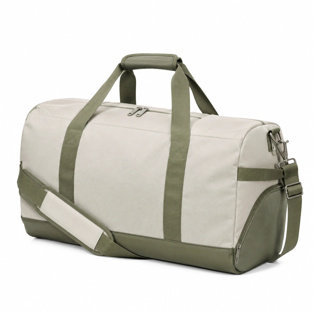 Borsone da viaggio 50 cm in tessuto sintetico beige e verde oliva con tracolla regolabile