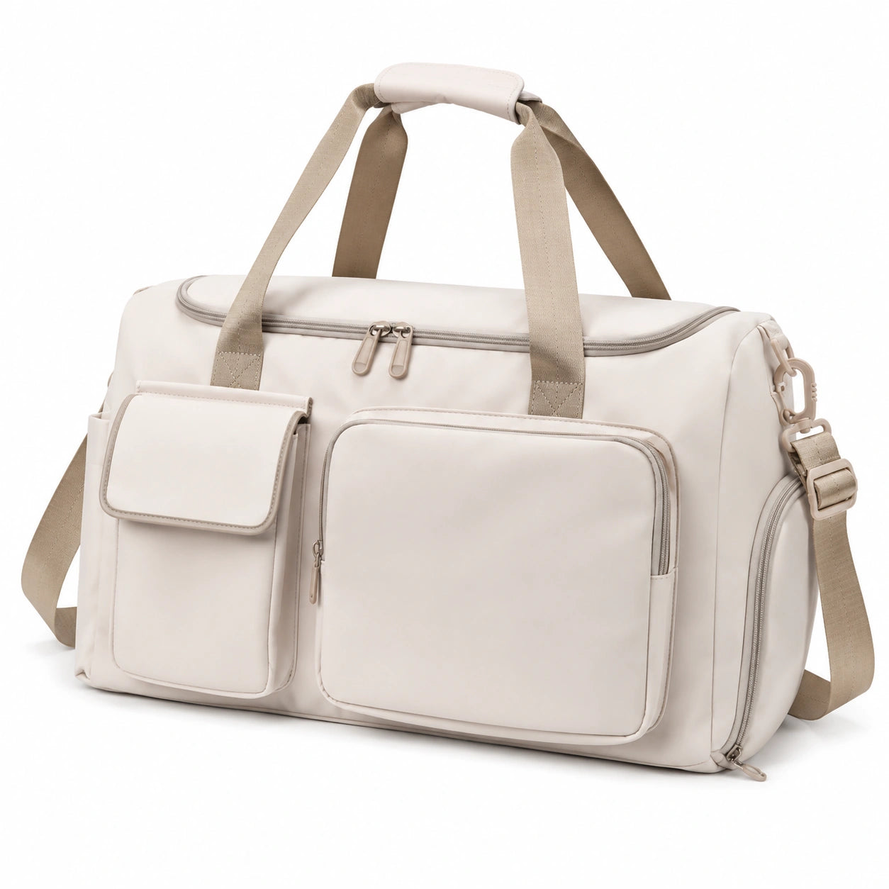 Borsa da viaggio 45 x 25 x 28 cm in tessuto sintetico beige con tasche e tracolla regolabile