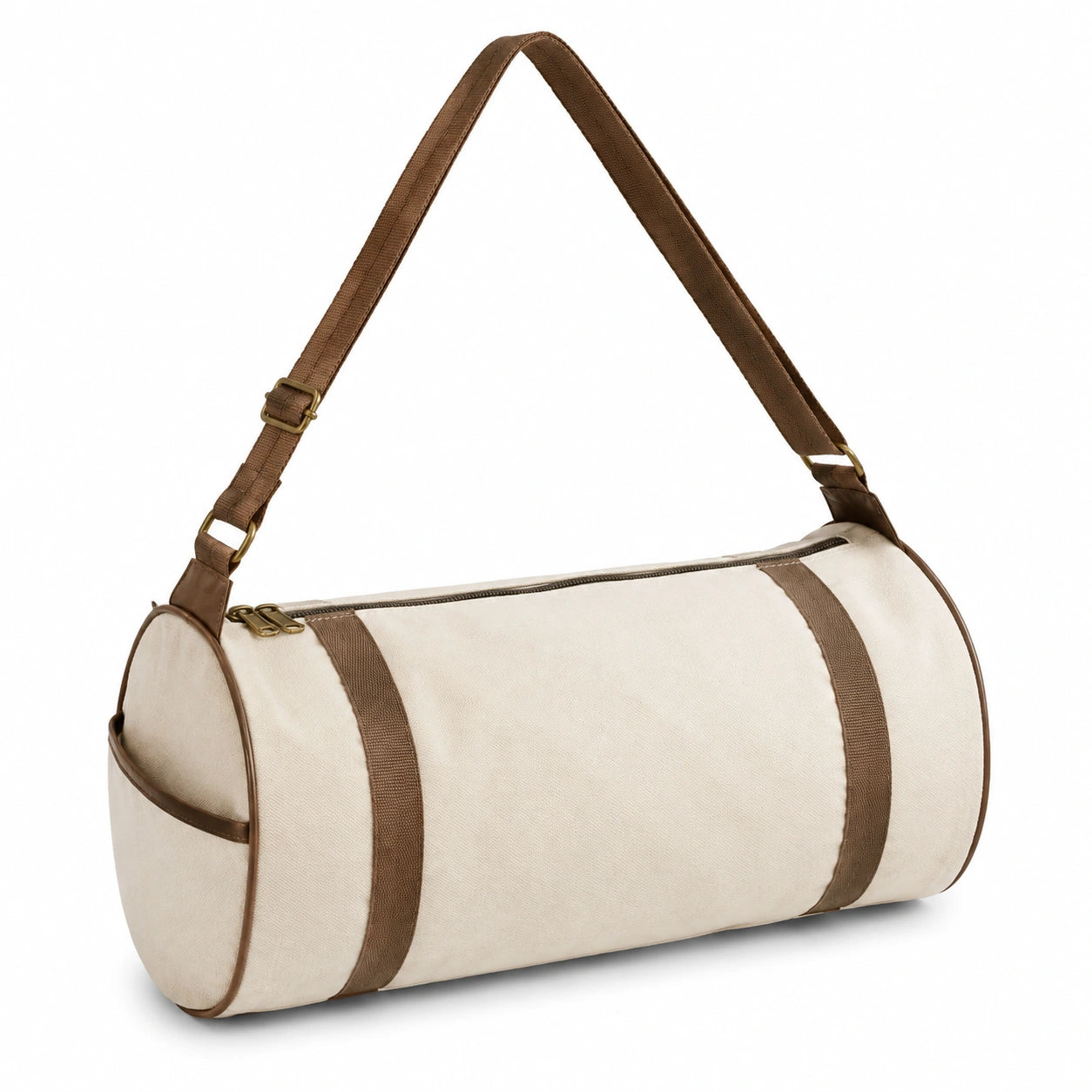 Borsa da viaggio cilindrica 40 cm in tessuto beige e marrone con tracolla regolabile