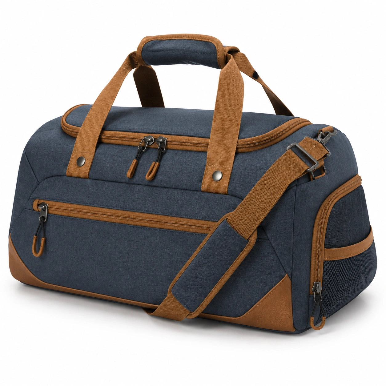 Borsone da viaggio 50 x 25 x 30 cm in tessuto blu navy e marrone con tracolla regolabile