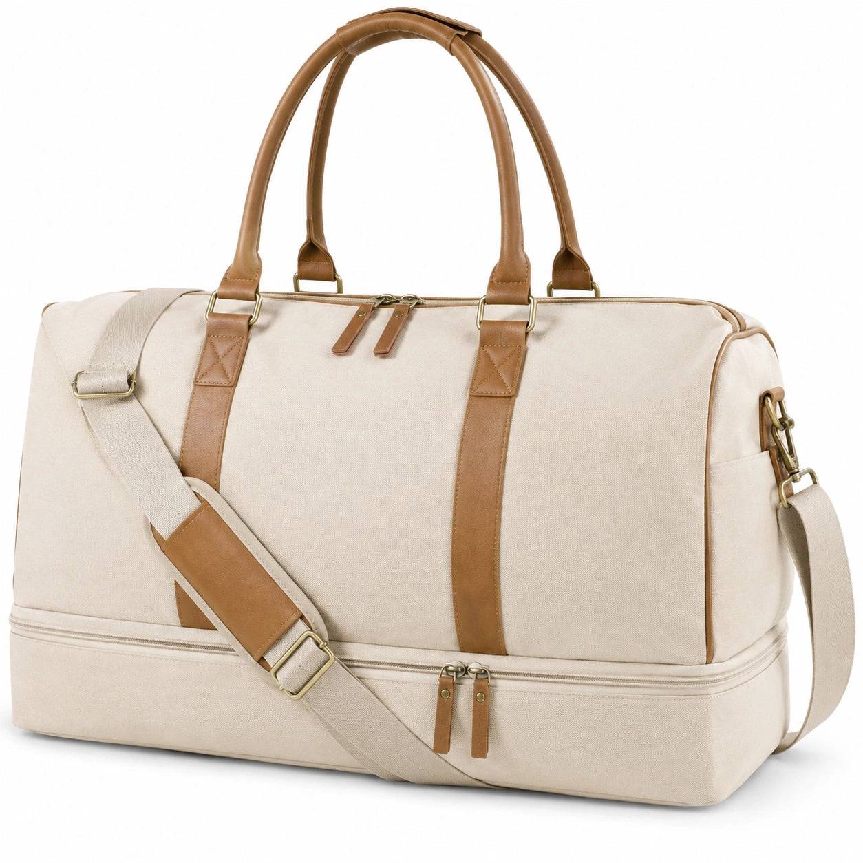 Borsone da viaggio 50 x 25 x 30 cm in tela beige con dettagli marroni e scomparto inferiore