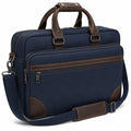 Borsa portadocumenti 42 x 10 x 32 cm in tessuto blu navy e similpelle marrone con tracolla regolabile