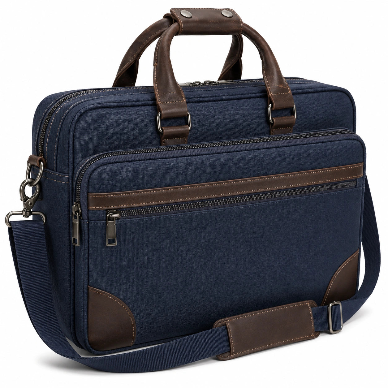Borsa portadocumenti 42 x 10 x 32 cm in tessuto blu navy e similpelle marrone con tracolla regolabile
