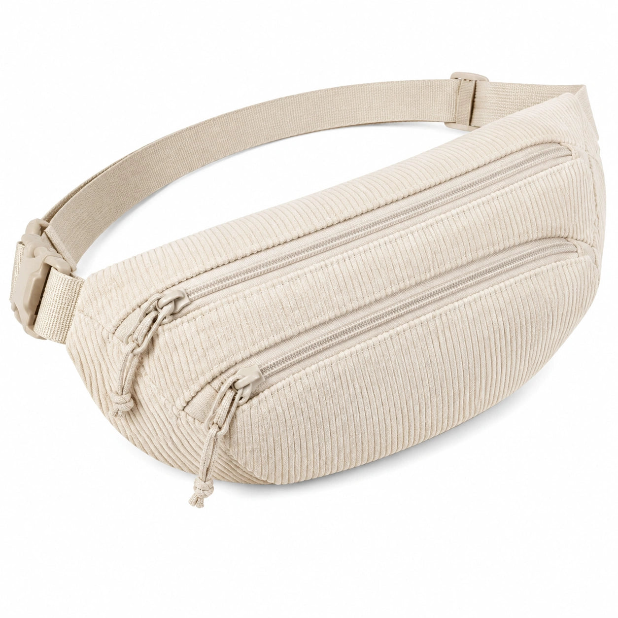 Marsupio 32 x 8 x 16 cm in tessuto a coste beige con tasche zip e cintura regolabile