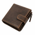 Portafoglio uomo 12 x 10 cm in pelle marrone con zip e chiusura a bottone stile vintage