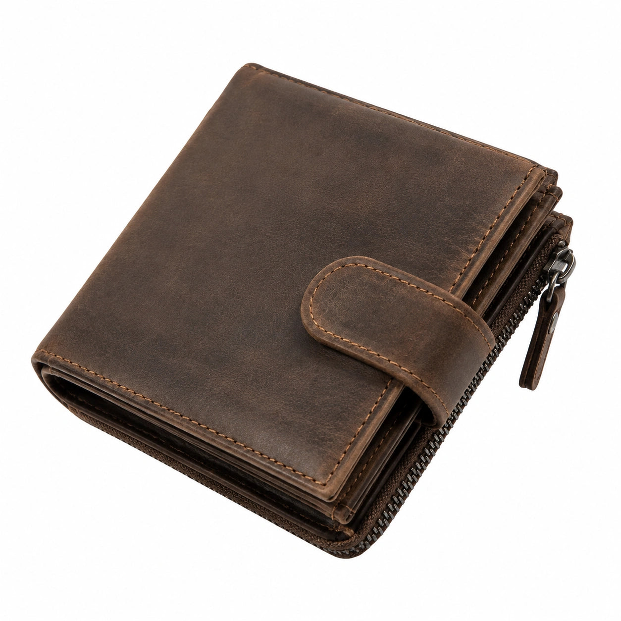 Portafoglio uomo 12 x 10 cm in pelle marrone con zip e chiusura a bottone stile vintage