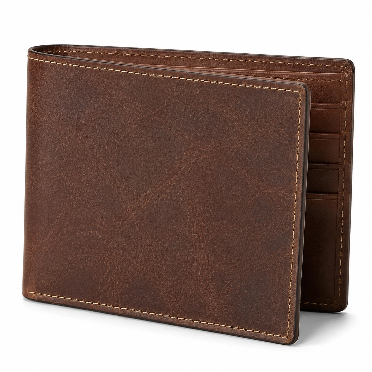 Portafoglio bifold 12 x 9.5 x 1.5 cm in pelle marrone con scomparti per carte