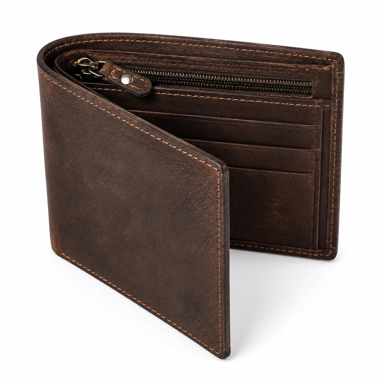 Portafoglio bifold 12 x 10 x 2 cm in pelle marrone con portamonete zip e porta carte