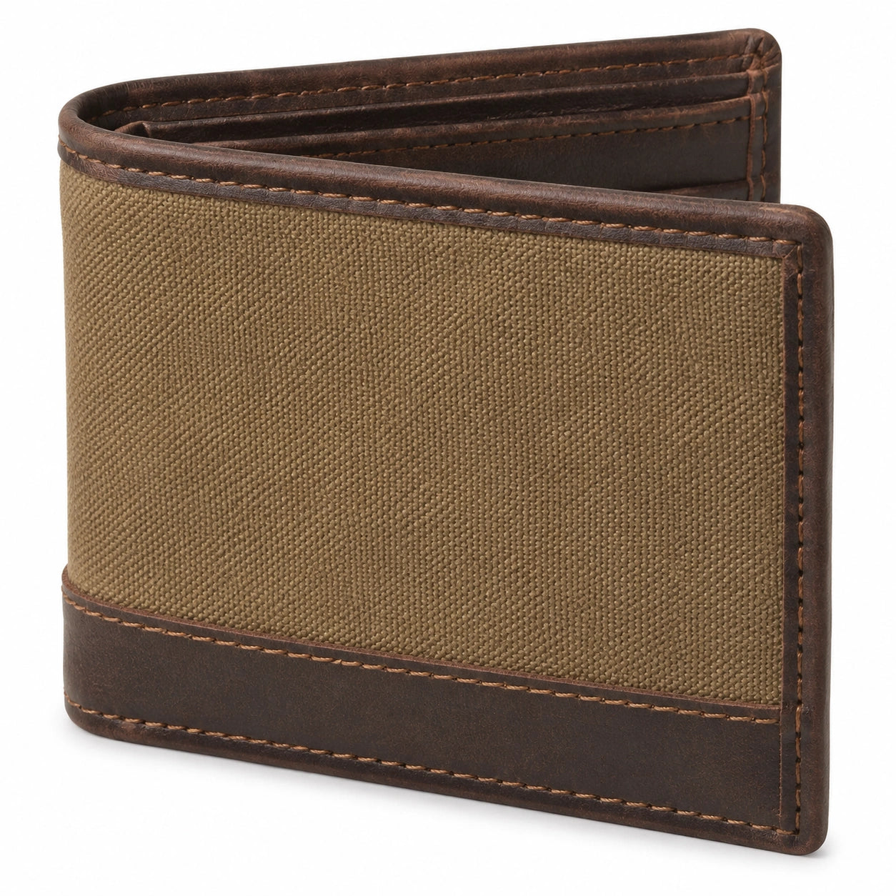 Portafoglio bifold 11 x 9 x 2 cm in tessuto e similpelle marrone kaki con scomparti per carte