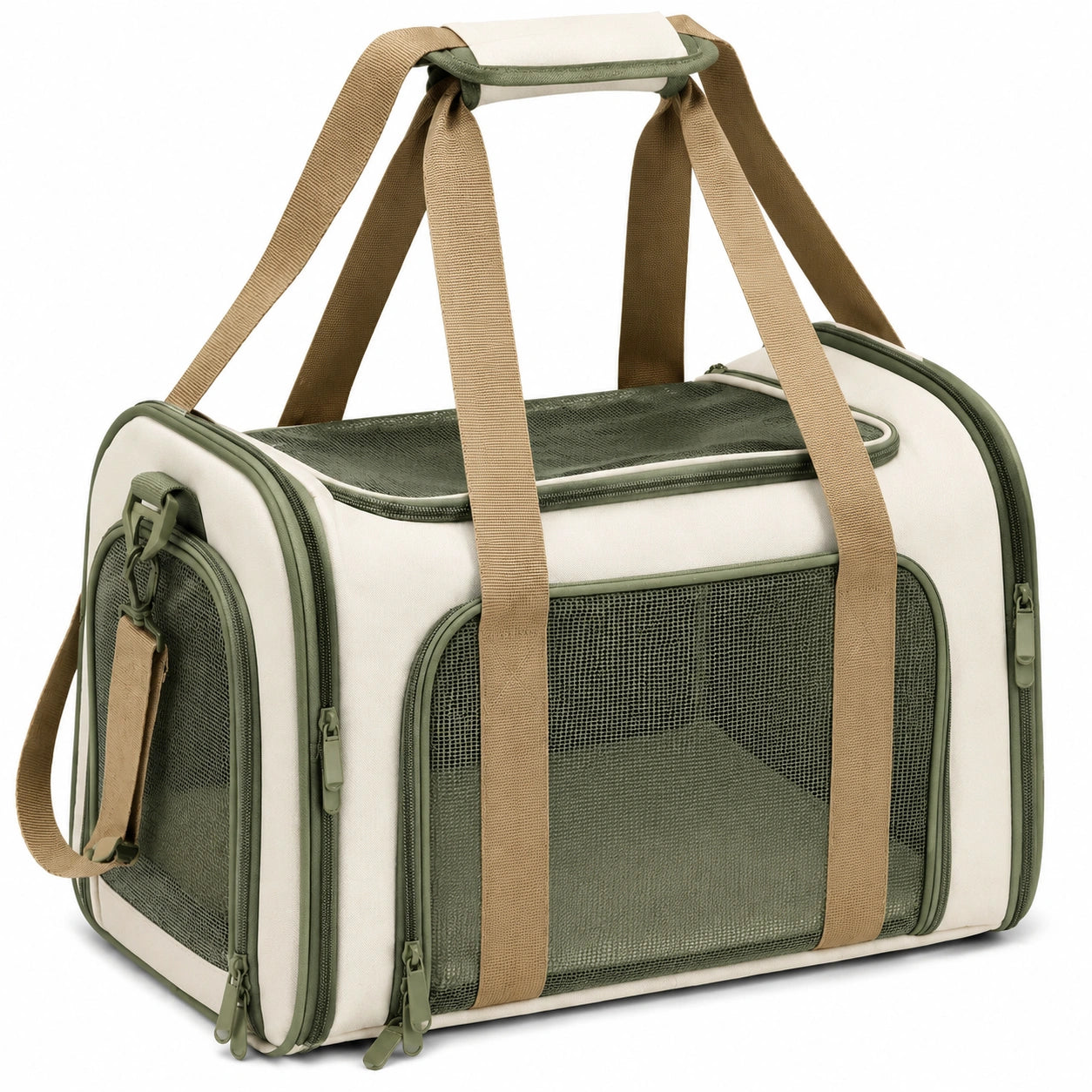 Borsa trasportino per animali 45 x 28 x 30 cm in poliestere beige e verde - pieghevole con pannelli in rete