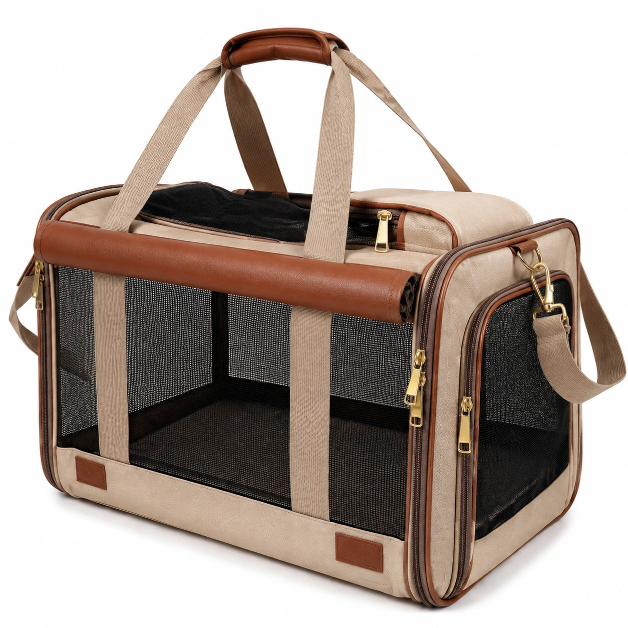 Trasportino per animali 50 x 30 x 30 cm in tessuto beige e marrone con rete pieghevole