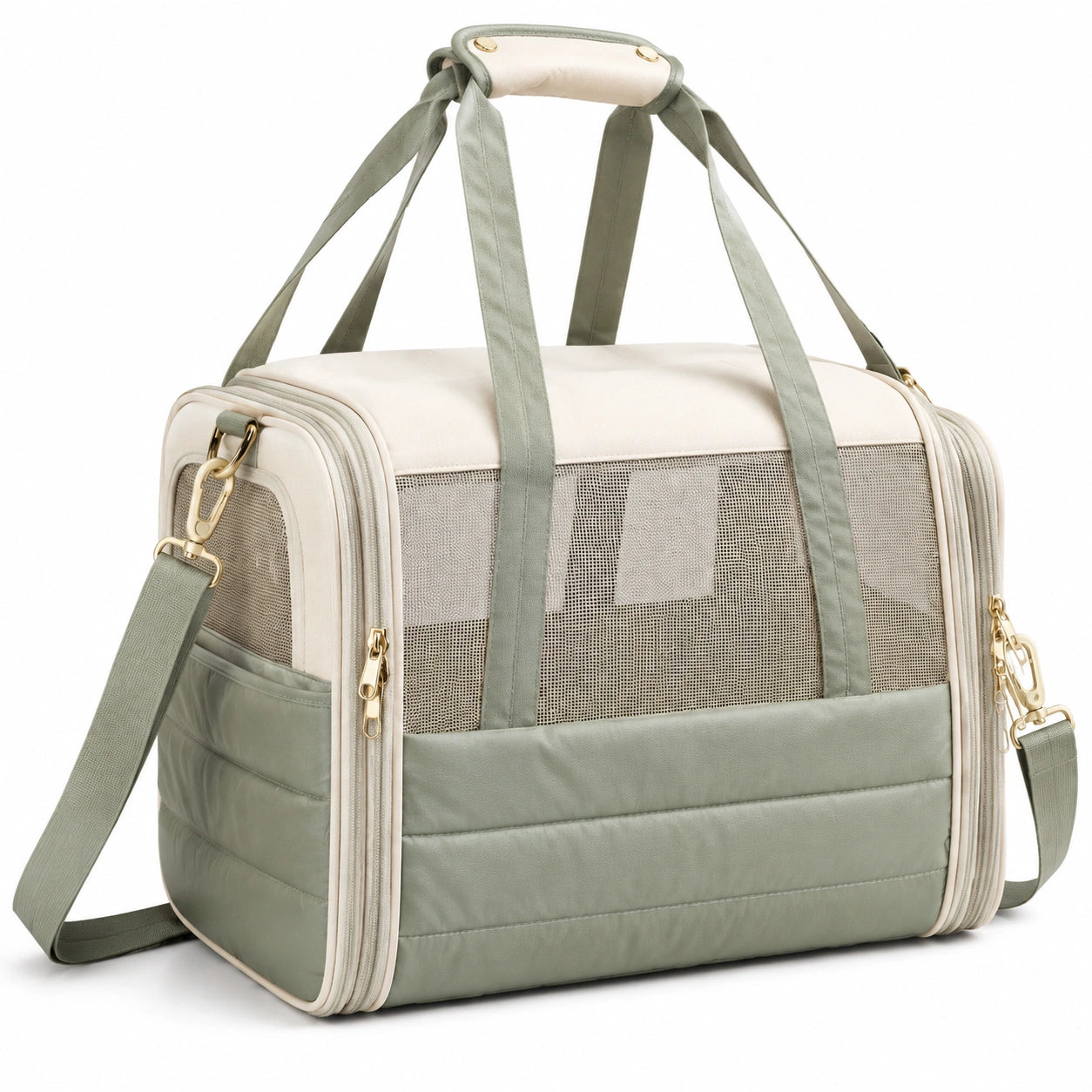 Borsa trasportino per animali 45 x 28 x 30 cm in tessuto verde salvia e crema con rete traspirante