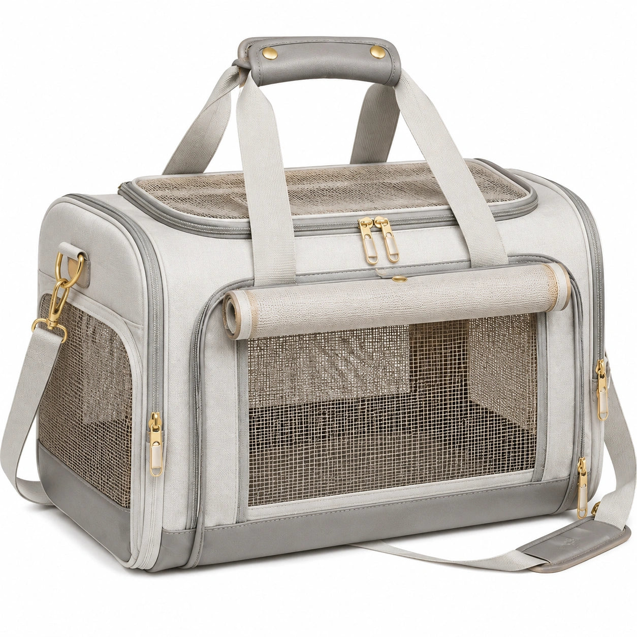 Borsa trasportino per animali 45 x 28 x 30 cm in tessuto e rete beige grigio con tracolla