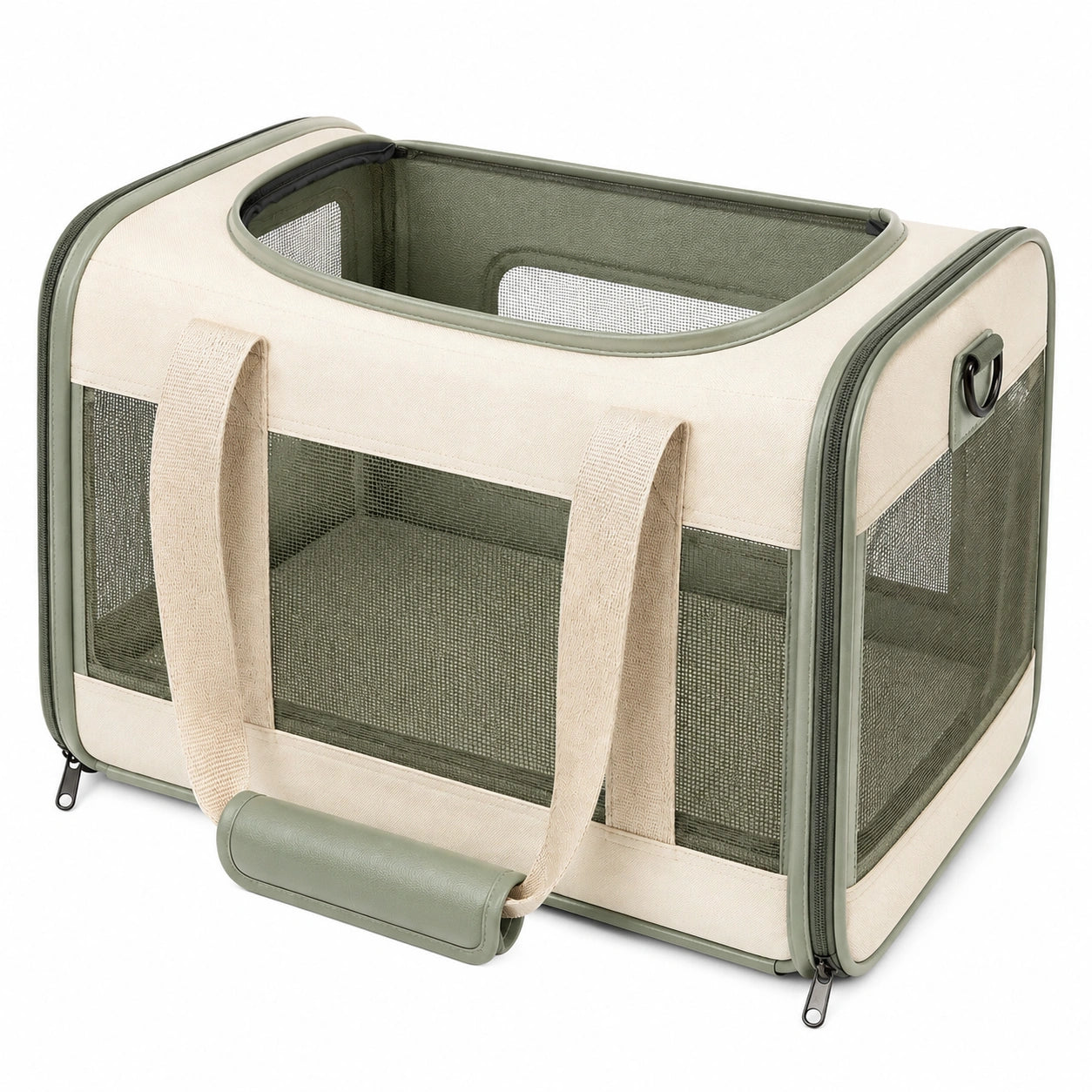 Trasportino per animali 45 x 30 x 30 cm in tessuto beige e verde oliva - pieghevole con rete traspirante