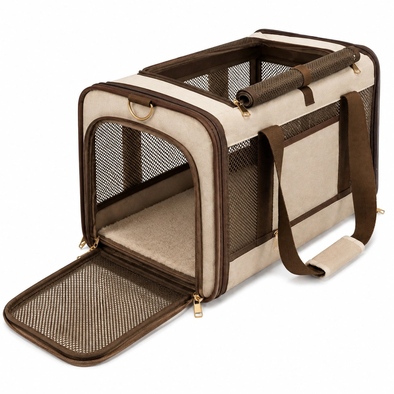 Trasportino per animali 50 x 30 x 30 cm in tessuto beige e marrone con rete traspirante - pieghevole con tracolla