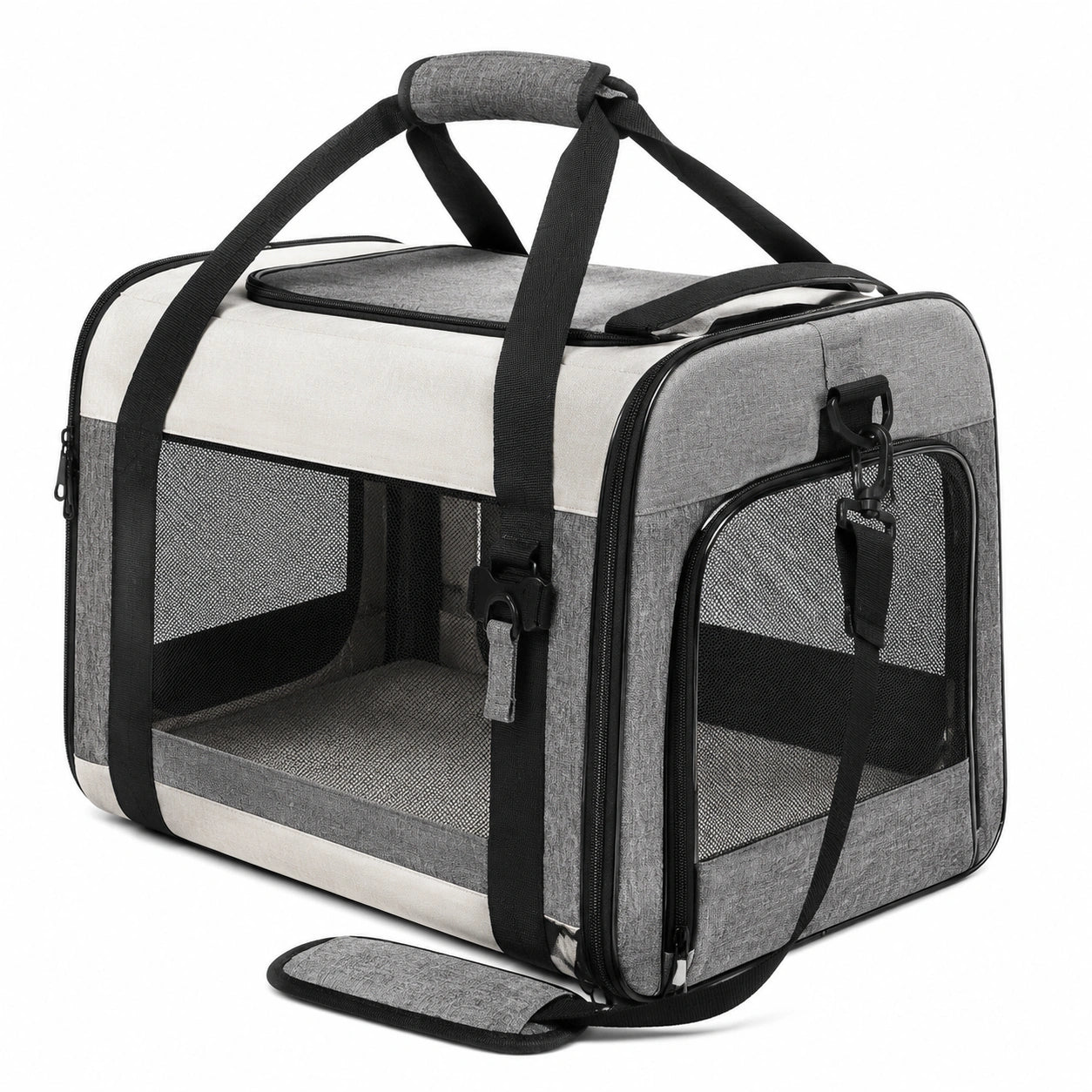 Trasportino per animali 50 x 30 x 30 cm in tessuto grigio e beige con rete pieghevole