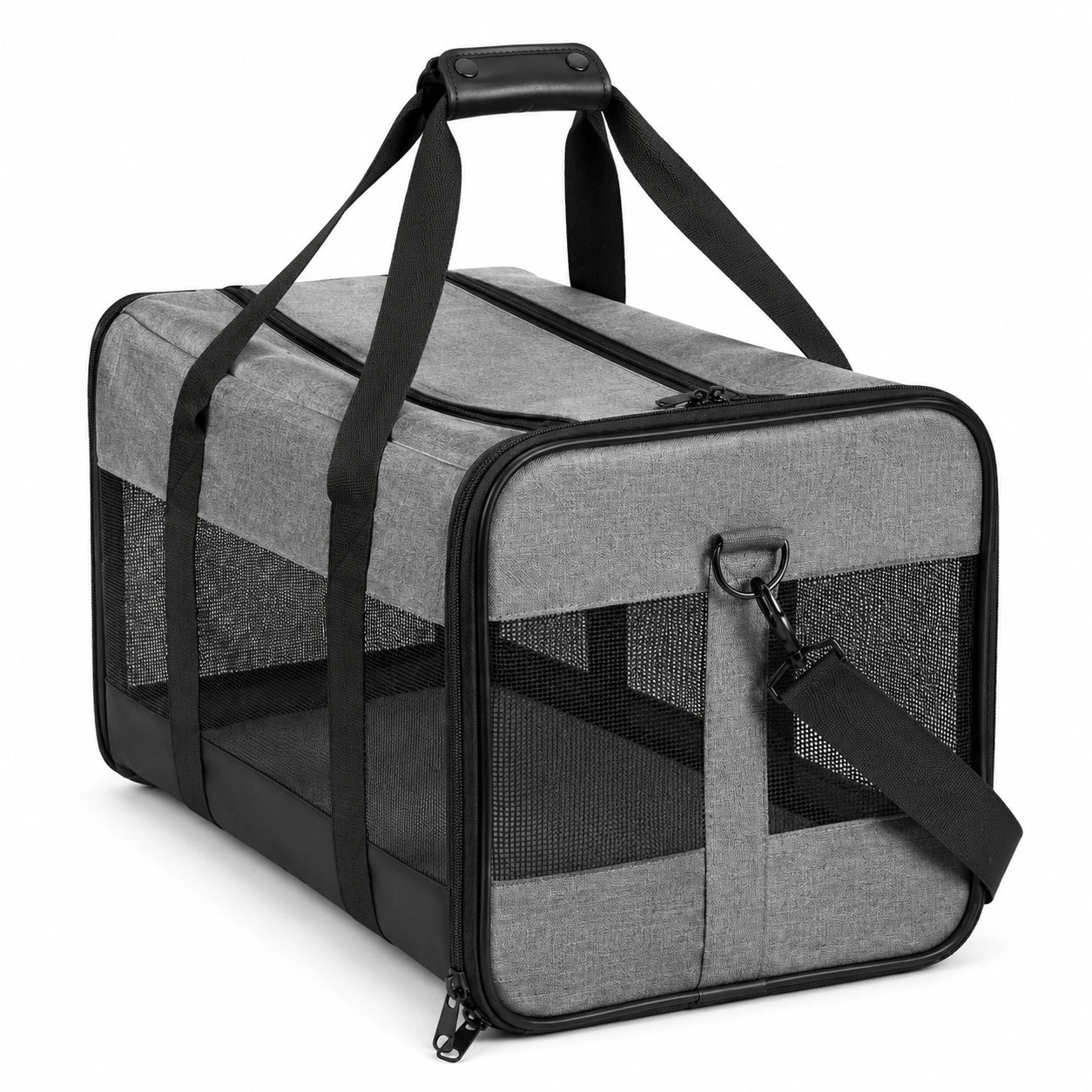 Borsa trasportino per animali 50 x 28 x 30 cm in tessuto grigio e rete nera con tracolla