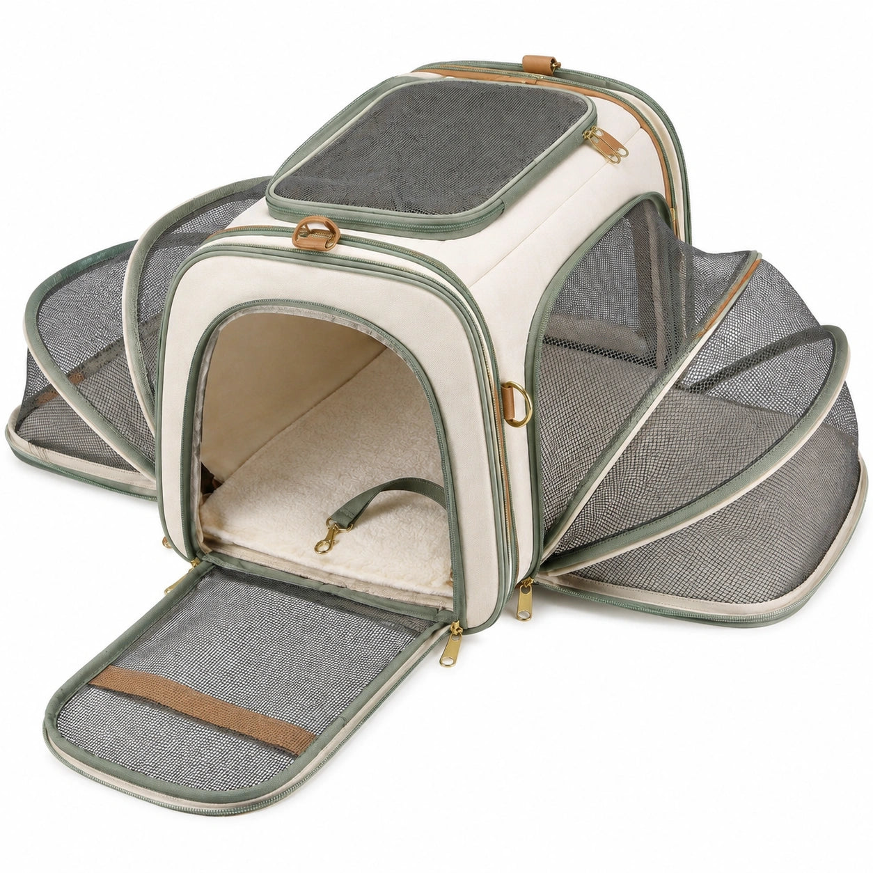 Zaino trasportino per animali 42 x 30 x 42 cm in tessuto beige e verde con rete espandibile