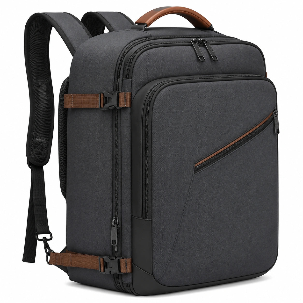 Zaino da viaggio 32 x 18 x 48 cm in tessuto sintetico nero/marrone con tracolla rimovibile