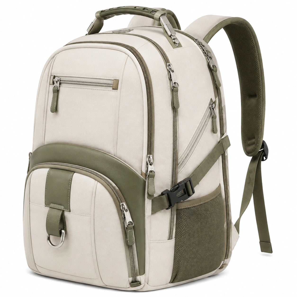 Zaino da viaggio 45 x 30 x 20 cm in tessuto beige e verde con scomparti multipli