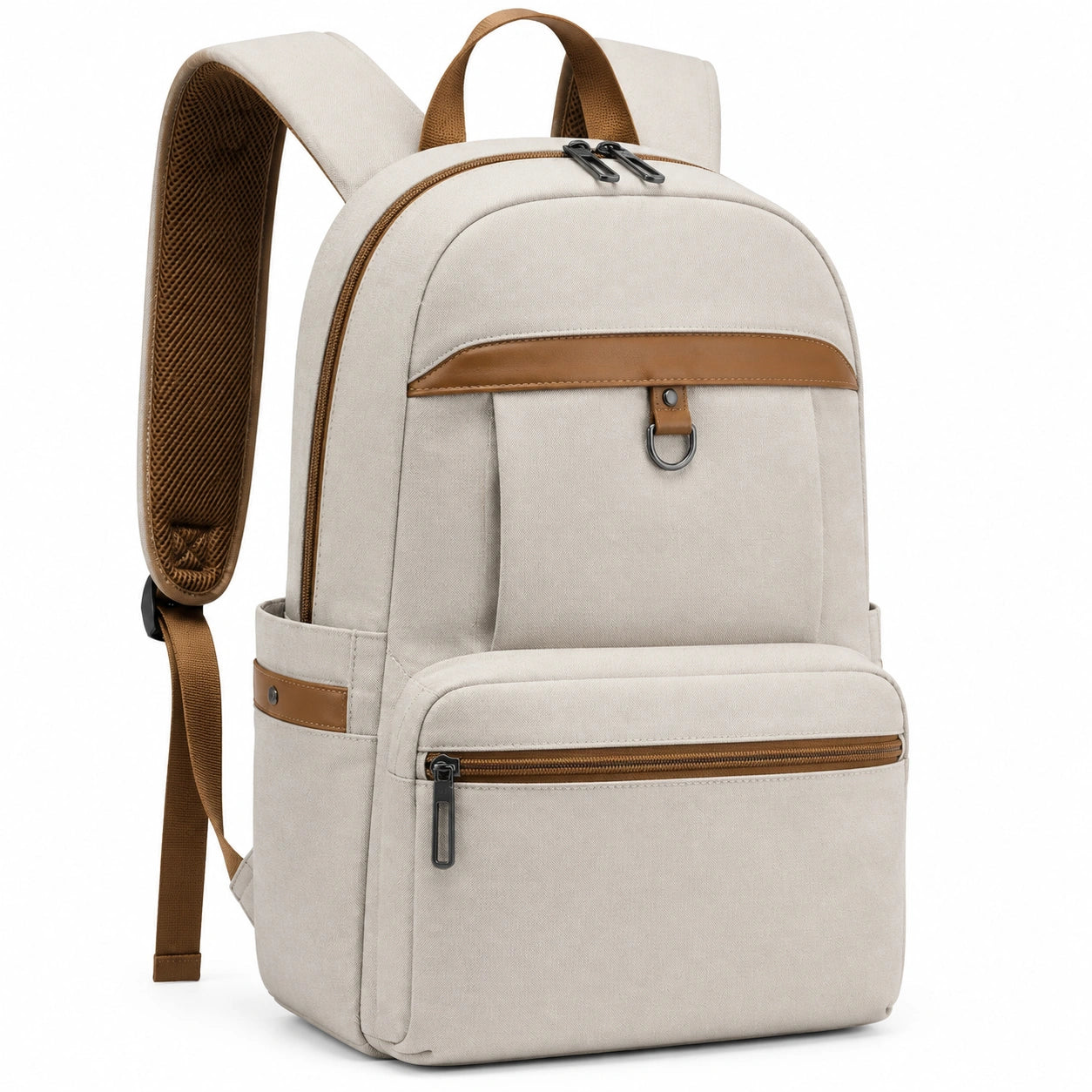 Zaino 30 x 16 x 42 cm in tessuto beige e marrone con tasche e spallacci imbottiti